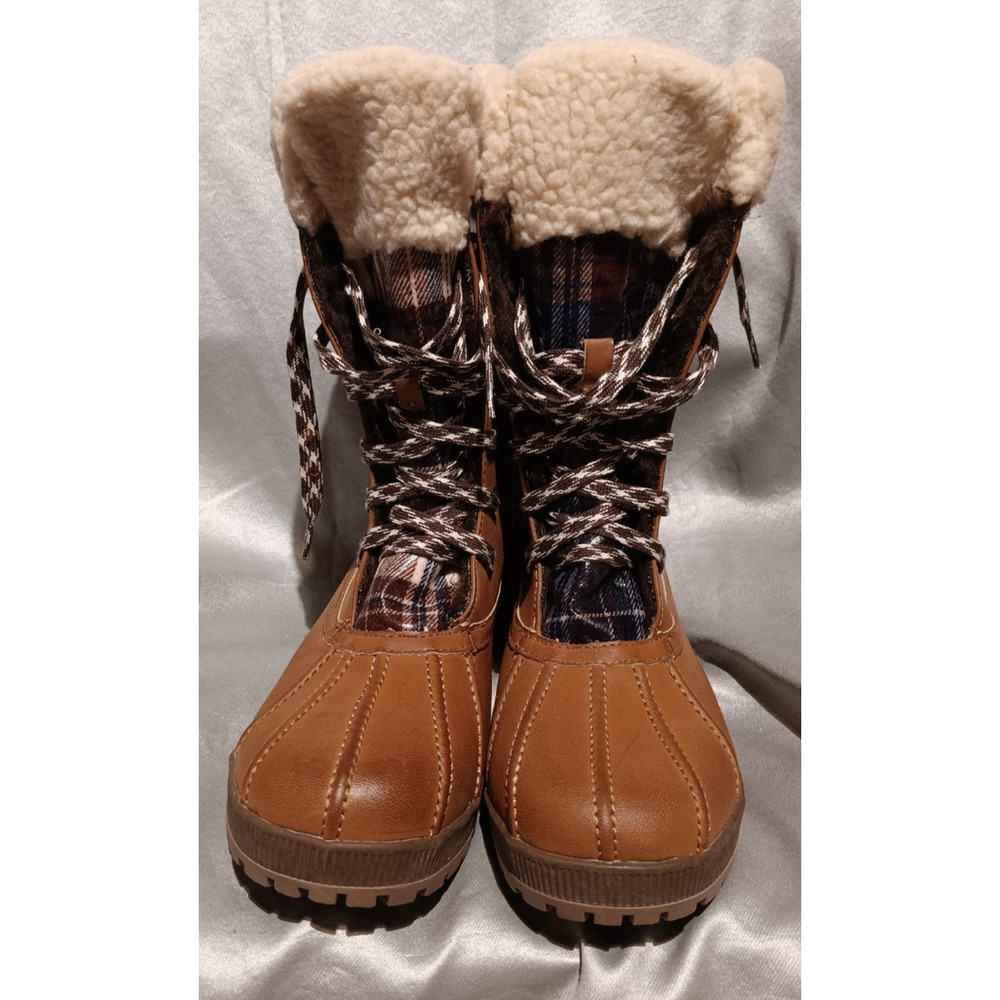 Womens Winter Rain Boots Sz 10 London Fog Swanley Brown & Plaid Lace Up